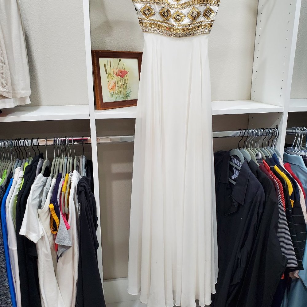 Prom Dress Long White Satin Gold Beaded Strapless Bodice